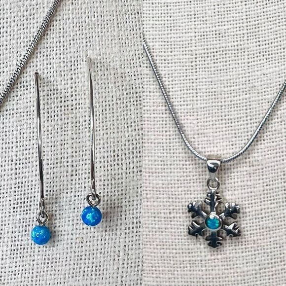 Silver 925 Simulated Fire Opal Snowflake 20" Necklace + Drop Earring Set Jewelry - Picture 1 of 15